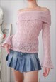 VINTAGE BALLETCORE PINK CROCHET KNIT OFF SHOULDER JUMPER
