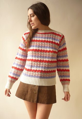 1980'S VINTAGE NOVELTY RAINBOW STRIPE TEXTURED RETRO JUMPER