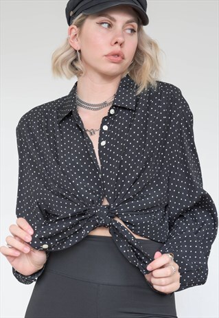 VINTAGE 70S BLOUSE IN BLACK WITH WHITE DOTS AND BUTTONS