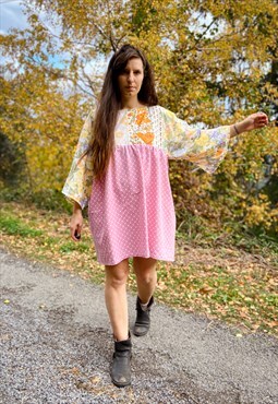 Sienna Mini Patchwork Dress - Orange & Pink Florals - L/XL