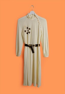 Vintage 70's 80's High Collar Embroidery Dress Cream Brown