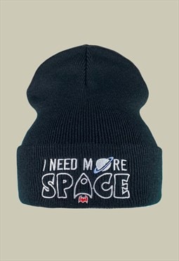 Need More Space Embroidered Beanie Hat in Black