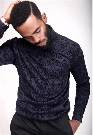 NAVY BLUE GOTHIC-DAMASK TURTLE NECK