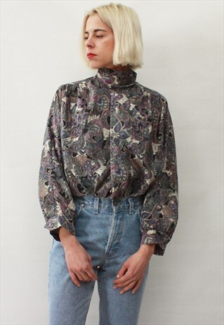 VINTAGE 80' FANCY BEAUTIFUL PINK AND GREY BLOUSE WITH SCARF