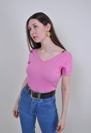 90S PINK MINIMALIST BLOUSE, VINTAGE WOMEN SEXY SHIRT