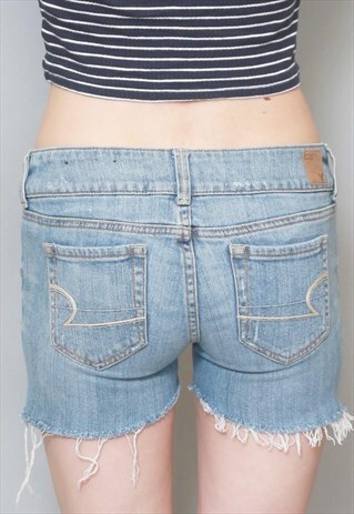 VINTAGE 1990'S AMERICAN EAGLE BLUE RAW HEM DENIM SHORTS