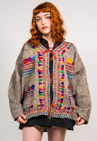 VINTAGE 70'S COLOURFUL EMBROIDERED PATTERN HIPPIE JACKET