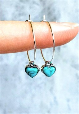 Tiny Turquoise Heart Hoop Earrings