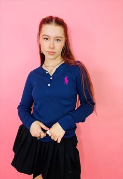 Vintage 90s Polo Ralph Lauren Embroidered Navy Ribbed Top