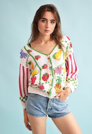 90'S RETRO KNIT FRUIT PATTERN OVERSIZED CARDIGAN TOP