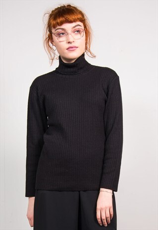 VINTAGE 90'S BLACK RIBBED ROLL NECK KNIT JUMPER