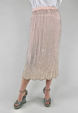 70's Pale Pink Vintage Silver Sequin Silver Bead Midi Skirt
