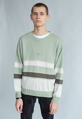 VINTAGE 80S MINIMAL GRANDADS JUMPER IN PASTEL GREEN