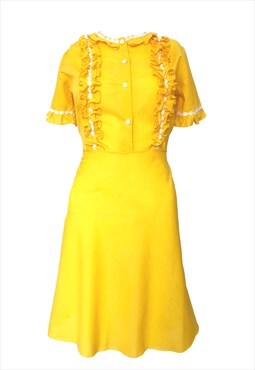 1970s vintage sunshine yellow, midi skater dress, 6