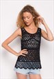 Cotton Crochet Vest Top in Black Floral Design