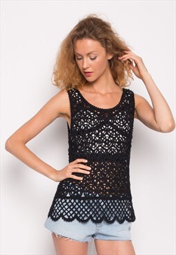 Cotton Crochet Vest Top in Black Floral Design
