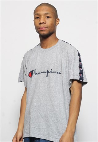 VINTAGE CHAMPION LOGO BIG SPELL OUT T-SHIRT BLUE MARL