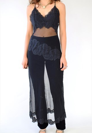 VINTAGE 80S 90S SHEER BLACK LACE SLIP DRESS