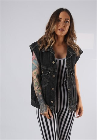 VINTAGE DENIM WAISTCOAT JACKET OVERSIZED FITTED UK 16 (AD1H)
