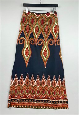 70's Vintage Ladies Skirt Maxi Black Batik Hippy Folk Medium