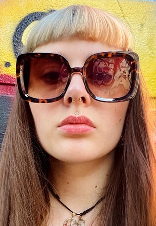 VINTAGE INSPIRED SUNGLASSES BIG SQUARE SHAPE BROWN LEOPARD