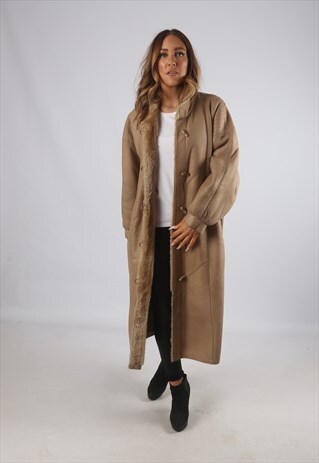 VINTAGE SHEEPSKIN SUEDE SHEARLING COAT LONG UK 16 (C9BR)