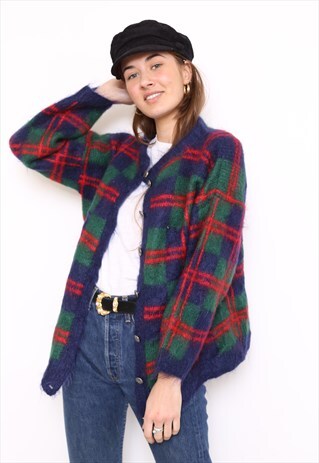VINTAGE 80S MOHAIR CHECK KNIT CARDIGAN