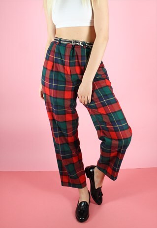 VINTAGE 90S Y2K BRIGHT RED & GREEN TARTAN CHECK TROUSERS