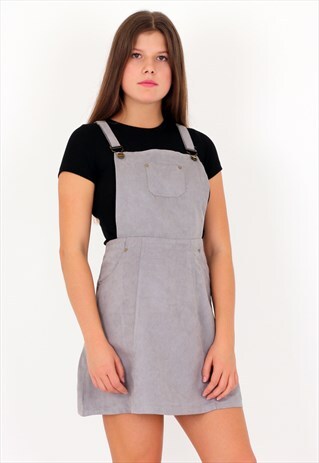 GREY SUEDE PINAFORE SKATER BIB DRESS
