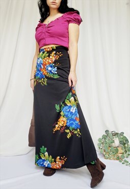 90s vintage black floral print minimalist maxi A-line skirt