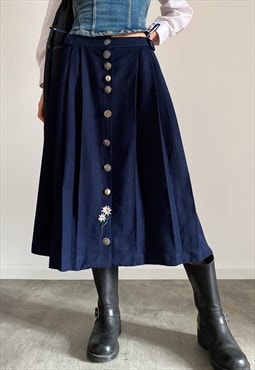 Vintage pleated navy blue skirt with silver buttons
