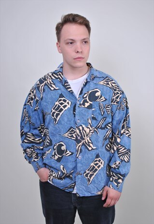 70S ABSTRACT MODERNIST SHIRT, VINTAGE PATTERN BLUE BUTTON UP