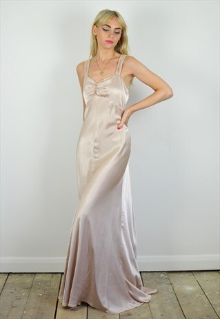 VINTAGE GHOST CHAMPAGNE PINK SATIN EVENING / WEDDING DRESS