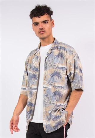 90S HAWAIIAN SHORT SLEEVE SHIRT PALM TREE PRINT