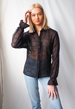 VINTAGE BLACK SEMI SHEER EMBROIDERED BLOUSE