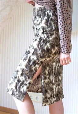 Brown and white animal print faux fur pencil skirt