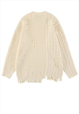Asymmetric sweater knitted ripped jumper punk top in cream