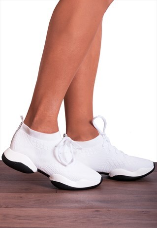 WHITE KNITTED SOCK STYLE CHUNKY SOLE LACE UPS TRAINERS