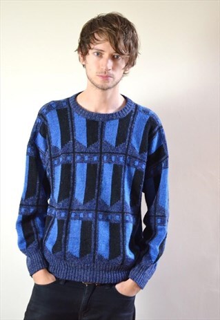 80S VINTAGE BLUE & BLACK ABSTRACT PATTERN KNIT JUMPER