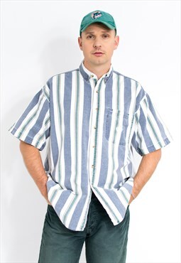 Vintage 90s striped denim shirt in blue white short sleeve