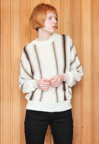 VINTAGE 1980S CREAM AND BROWN STRIPED JUMPER