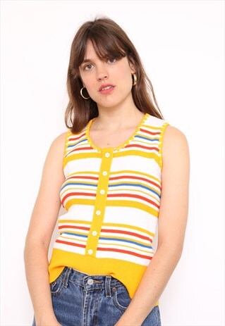 VINTAGE 70S YELLOW STRIPE STRETCH KNIT T-SHIRT TOP