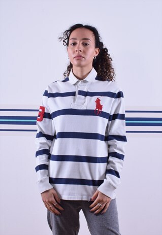 WHITE AND NAVY RALPH LAUREN STRIPED RUGBY SHIRT