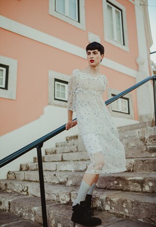 FLORAL SHEER APPLIQUE MIDI DRESS