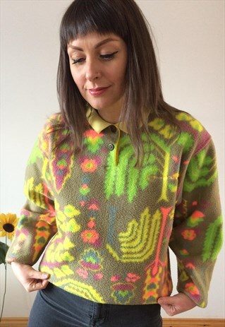VINTAGE 90S YELLOW PINK & MUSTARD ABSTRACT DESIGN FLEECE