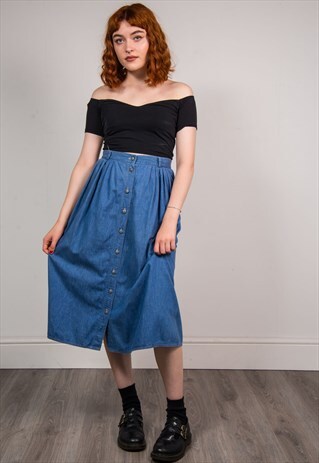 90'S VINTAGE BLUE DENIM MIDI HIPPIE SKIRT
