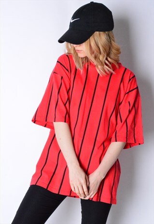 VINTAGE 80S RED BLACK STRIPED T-SHIRT WITH HOOD