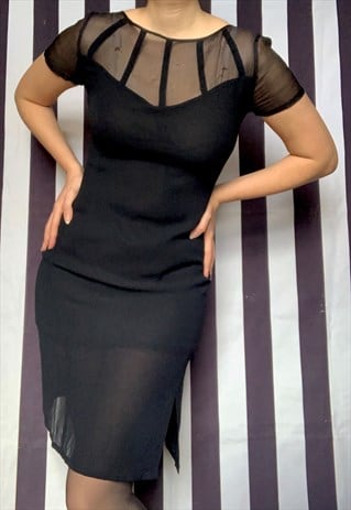 VINTAGE 90S BLACK SHEER SILK MIDI PENCIL DRESS, UK10/12 