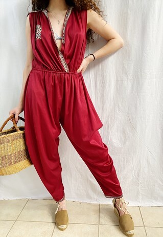 VINTAGE 80S MAROON EASTERN EMBROIDERED OVERALLS JUMPSUIT