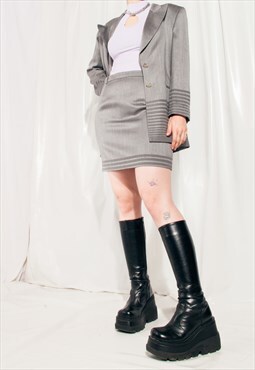 Vintage Escada Suit 90s Rewokred Grey Silky Skirt Blazer Set